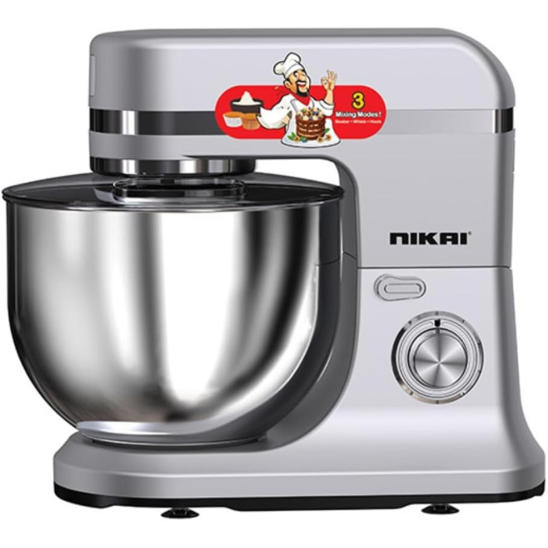 Nikai Kitchen Stand Mixer Machine, 1500W Power, 12L Large Capacity, Stainless Steel Bowl, 3 Mixing Blades, 6 Speed Settings For Perfect Baking Results, LED Display, Easy Mixing And Kneading, Silver, NSM1200A, 1 Year Warranty