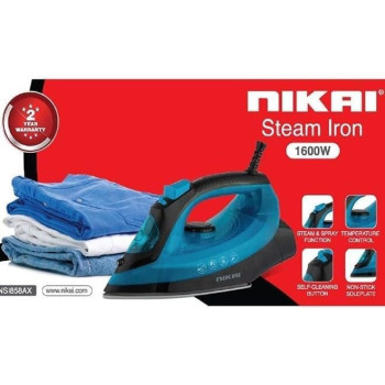 Nikai 1600W Steam Iron With Self-Cleaning Function, Non-Stick Soleplate, Vertical Steam Dry And Spray Options, Adjustable Temp, Indicator Light, 280ml Tank, Variable Steam Control, Blue, NSI858AX, 1 Year Warranty