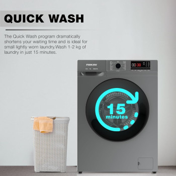 Nikai 8KG 1200 RPM Front Load Washer With 16 Programs, Energy Saving BLDC Inverter Motor 5 Star Rating, Steam Wash, Digital LCD Display, Child Lock, Fully Automatic Washing Machine, Grey, NWM801FN9S, 1 Year Warranty