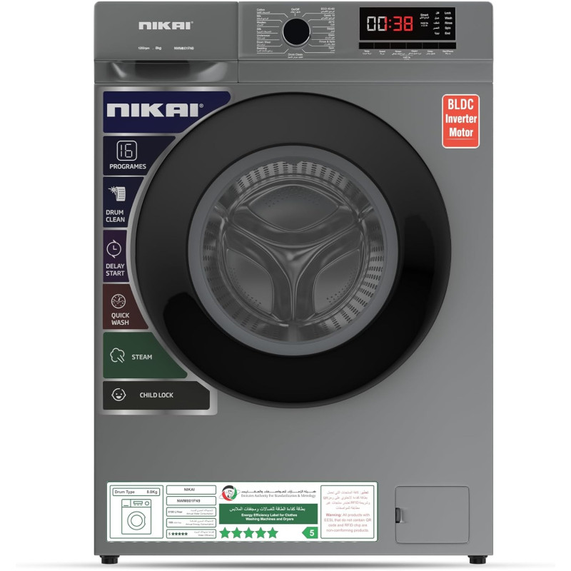 Nikai 8KG 1200 RPM Front Load Washer With 16 Programs, Energy Saving BLDC Inverter Motor 5 Star Rating, Steam Wash, Digital LCD Display, Child Lock, Fully Automatic Washing Machine, Grey, NWM801FN9S, 1 Year Warranty