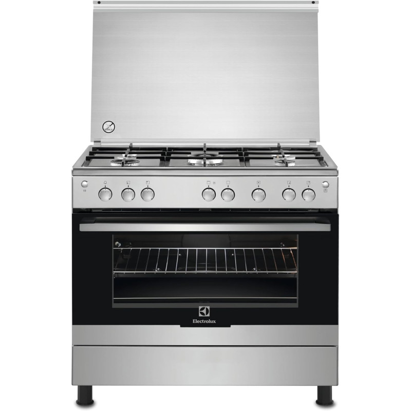 Electrolux 90 x 60 Cm Freestanding Cooker, Full Gas Cooking Range With 5 Burners, Cast Iron Pan Support, Oven With Fan, One Hand Automatic Ignition And Thermocouple Safety, Stainless Steel, Black/Silver, EKG9000A4X, 1 Year Warranty