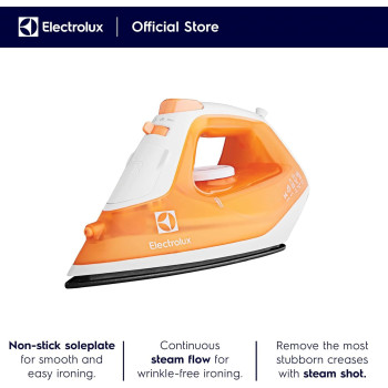 Electrolux Steam Iron 1600W, Non Stick Ceramic Plate, Mechanical Knob, 1.8m Cord Length, 1 Axis Rotation Card, Water Tank, Steam Technology And Steam Shot 80 gm, Pilot Lamp, Orange/White, ESI4007, 1 Year Warranty