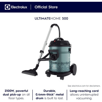 Electrolux Drum Vacuum Cleaner 2100 Watts, 21L Tank Dust Capacity, Blower Function, Metal Telescopic Tube And 9M Extra Long Power Code, Dust Bin Full Indicator, Ideal For Home And Office Use, Green, EFW51612, 1 Year Warranty