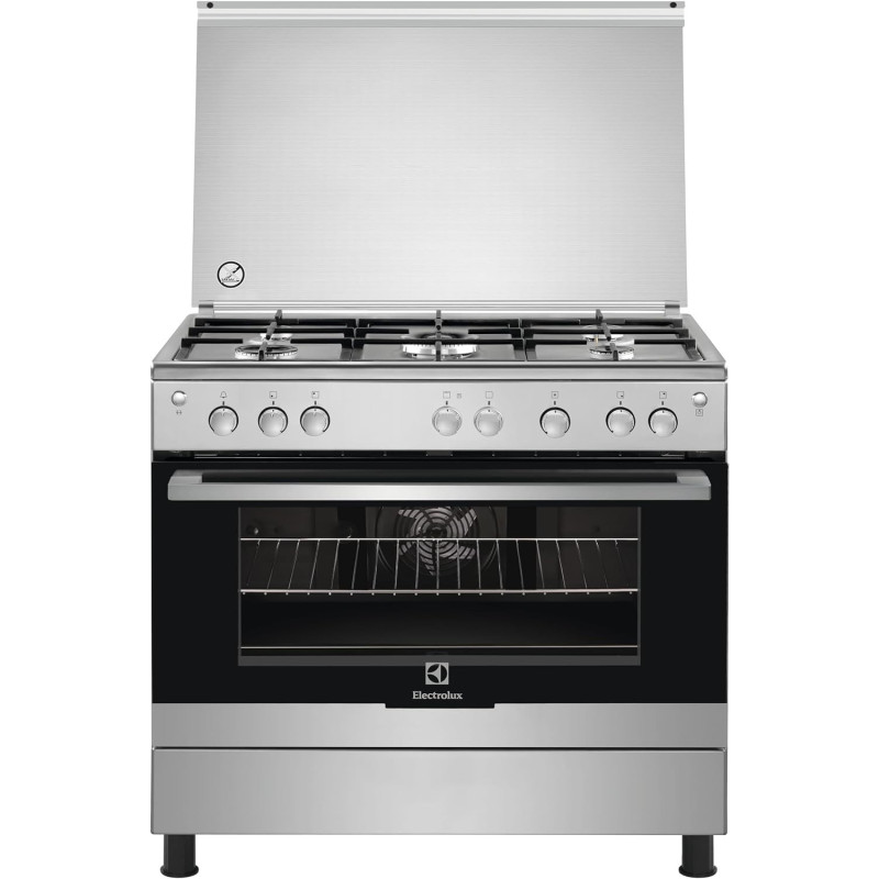 Electrolux 90 x 60 Cm Freestanding Cooker, Full Gas Cooking Range With 5 Burners And Oven With Fan, Cast Iron Pan Support, One Hand Automatic Ignition And Thermocouple Safety, Stainless Steel, Silver/Black, EKG913A2OX, 1 Year Warranty