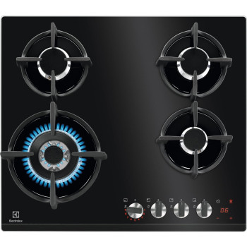 Electrolux Gas Hob 60 Cm, Gas On Glass, Cast Iron Pan Support, Illuminated Rotary Knob Controls, Black, KGG64375K, 1 Year Warranty