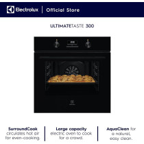 Electrolux 60 Cm Premium Built-In Oven With Digital Display, 65L XL Oven Capacity With Fan, Aqua Cleaning, Child Lock, Functions Includes Baking/Grilling/Defrost/Cooling Fan, Ultimate Taste 300, Black, KOH3H00BK, 1 Year Warranty