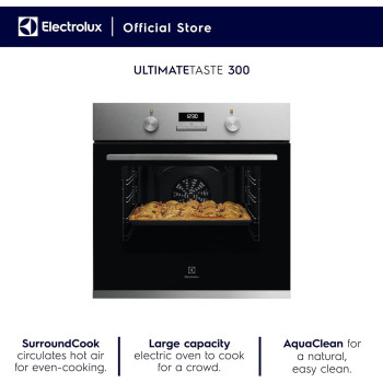 Electrolux 60 Cm Premium Built-In Oven With Digital Display, 65L XL Oven Capacity With Fan, Aqua Cleaning, Child Lock, Functions Includes Baking/Grilling/Defrost/Cooling Fan, Ultimate Taste 300, Black/Silver, KOH3H00BX, 1 Year Warranty