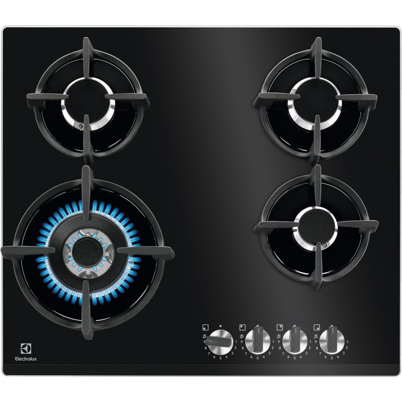 Electrolux 60 Cm Built-In 4-Burner Gas Hob With High Power Wok Burner And Speed Burner, Cast Iron Pan Supports, Step Flame Settings For Precise Heat control, Flame Failure Device For Safety, Black, KGG64376K, 1 Year Warranty