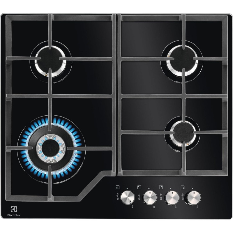 Electrolux Gas Hob 60 Cm, Gas On Glass, Cast Iron Pan Support, Rotary Knob Controls, Black, KGG6436K, 1 Year Warranty