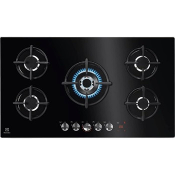 Electrolux Built In 90 Cm 5 Burner Gas Hob With Auto Ignition, Full Safety, 9 Flame Levels, Premium Glass Top Finish, Electronic Knob Control With LED Indicator, Black, KGG95375K, 1 Year Warranty
