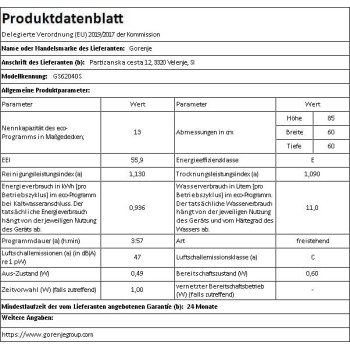 Gorenje 12 Place Settings Freestanding Dishwasher, Stainless Steel, Silver, GS62040S, 1 Year Warranty