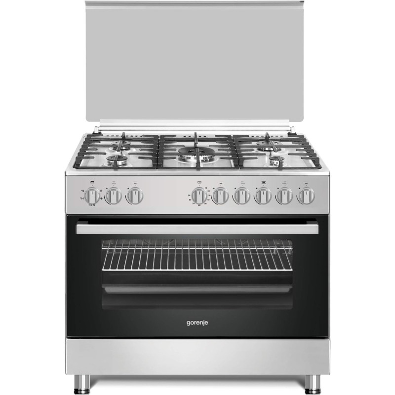 Gorenje 90 Cm Freestanding Gas Cooker With Dual Fan, 105 Liters Multifunction Oven, Cast Iron Pan Support, One Hand Ignition, Stainless Steel, Silver/Black, GI9221S, 1 Year Warranty