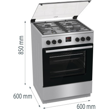 Gorenje 60 Cm Freestanding Gas Cooker, 64 Litres Multifunction Oven, Cast Iron Pan Support, One Hand Ignition, Stainless Steel, Silver/ Black, GGI6C21XA, 1 Year Warranty