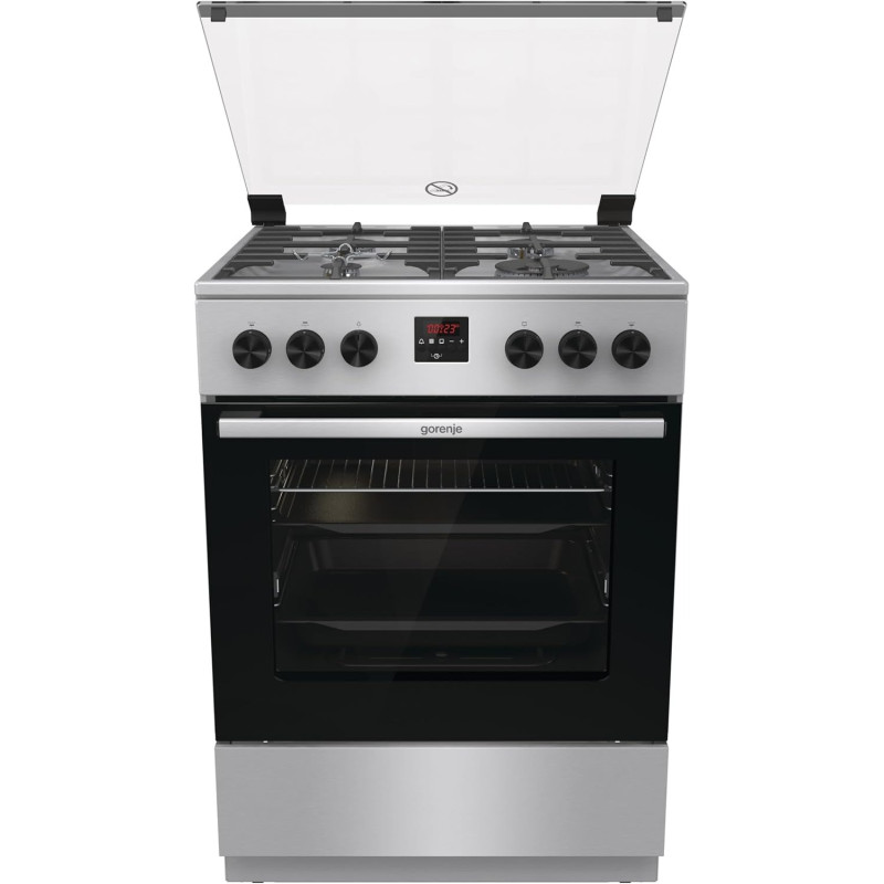 Gorenje 60 Cm Freestanding Gas Cooker, 64 Litres Multifunction Oven, Cast Iron Pan Support, One Hand Ignition, Stainless Steel, Silver/ Black, GGI6C21XA, 1 Year Warranty