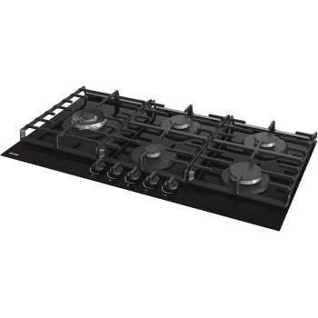 Gorenje 90 Cm Built In Gas In Glass Hob, 5 Gas Burners, Cast Iron Pan Support, One Hand Ignition, Black, GCW951B, 1 Year Warranty