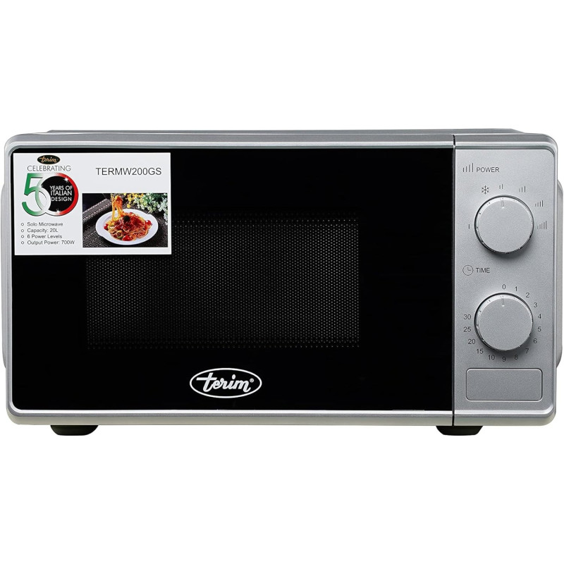 Terim 20 Litres Microwave With Mechanical Control, 6 Power Levels, Push Button Door, Defrost Option, Silver, 1 Year Warranty