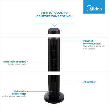 Midea Tower Fan with Multifunction Remote Control, 3 Wind modes-Natural Slumberous & Normal, Three Dimensional Angle Air Flow, 15 Hours Timer Perfectly Suitable for Home or Office, FZ10-18TRB