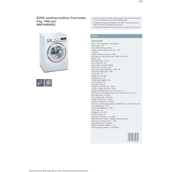Siemens Freestanding Frontload Washing Machine, 9Kg, 1400 RPM, White, WM14VKH0GC, 1 Year Warranty