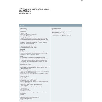 Siemens Freestanding Frontload Washing Machine, 9Kg, 1400 RPM, White, WM14VKH0GC, 1 Year Warranty