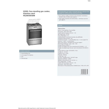 Siemens 60 Cm Freestanding Gas Cooker With Sabaf Burners, Hg2M30E50M, Silver, 1 Year Warranty