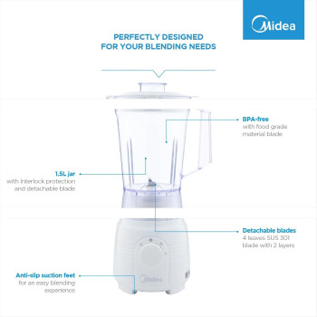 Midea Blender 400 Watts, 1.5 Liter Smoothie Maker, Mixer With Grinder Multi Mill, 2 Speeds With Pulse And Detachable Blade For Easy Cleaning, Best For Blending, Grinding, Mixing And Chopping, Bl2516A, 1 Year Warranty