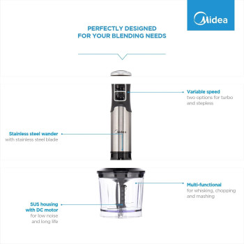 Midea 1000W Hand Blender With DC Motor, Stainless Steel Wander, Multi Functional For Whisking, Chopping, Mashing, Variable Speed For Turbo And Stepless, 1L Chopper Bowl, 600ml Beaker, MJ-BH1001W, 1 Year Warranty