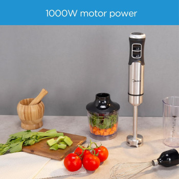 Midea 1000W Hand Blender With DC Motor, Stainless Steel Wander, Multi Functional For Whisking, Chopping, Mashing, Variable Speed For Turbo And Stepless, 1L Chopper Bowl, 600ml Beaker, MJ-BH1001W, 1 Year Warranty