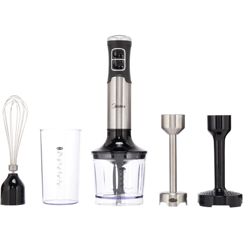 Midea 1000W Hand Blender With DC Motor, Stainless Steel Wander, Multi Functional For Whisking, Chopping, Mashing, Variable Speed For Turbo And Stepless, 1L Chopper Bowl, 600ml Beaker, MJ-BH1001W, 1 Year Warranty
