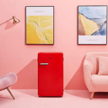 Midea 142L Gross Single Door Retro Style Refrigerator, Compact Size Free Standing, Best For Bedroom, Office And Mini Bar, Freezer Compartment Inside, Quick Cooling And Easy Cleaning, Red, MDRD142SLE32, 1 Year Warranty