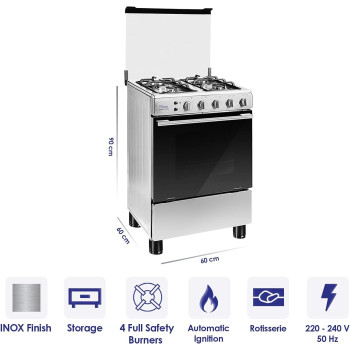 Super General Freestanding Gas-Cooker 4-Burner Full-Safety, Stainless-Steel Cooker, Gas Oven With Rotisserie, Thermostat, Auto-Ignition, Silver, SGC-601-FS, 1 Year Warranty