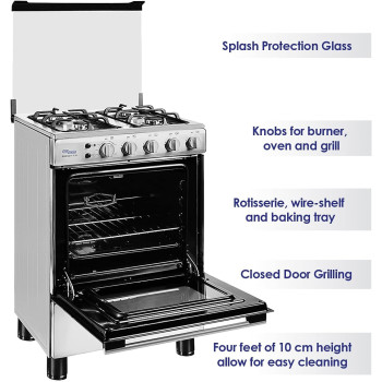 Super General Freestanding Gas-Cooker 4-Burner Full-Safety, Stainless-Steel Cooker, Gas Oven With Rotisserie, Thermostat, Auto-Ignition, Silver, SGC-601-FS, 1 Year Warranty