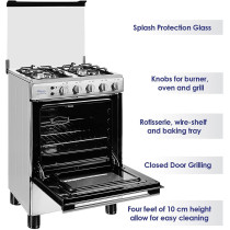Super General Freestanding Gas-Cooker 4-Burner Full-Safety, Stainless-Steel Cooker, Gas Oven With Rotisserie, Thermostat, Auto-Ignition, Silver, SGC-601-FS, 1 Year Warranty
