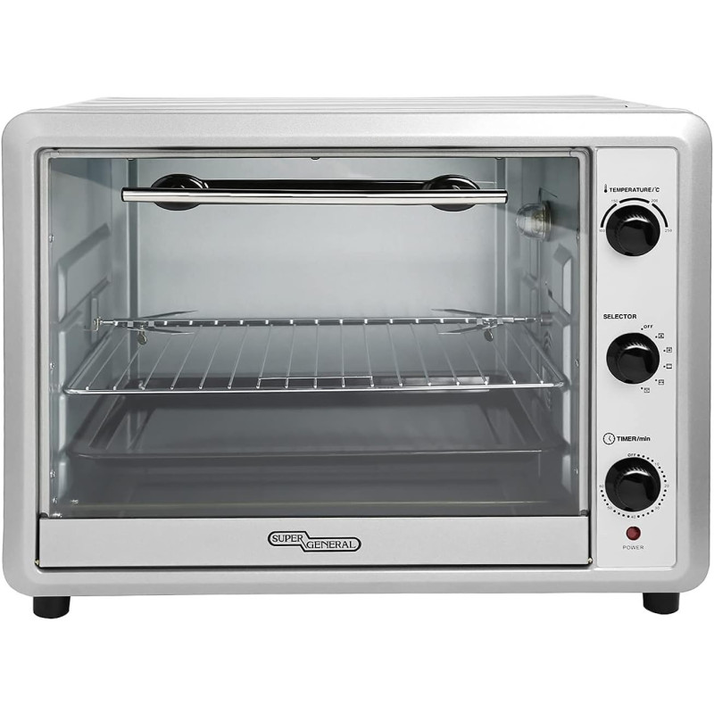Super General 60 Liter Stainless Steel Electric Oven, Rotisserie-Grill, Convection-Oven, Complete-Heat, Silver, SGEO-064-KRC, 1 Year Warranty