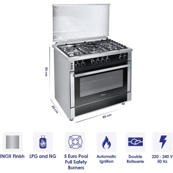 Super General Freestanding Gas-Cooker 5-Burner Full-Safety, Steel Cooker, Gas Oven With Thermostat, Rotisserie, Automatic Ignition, Silver, SGC-916-FSBGOF, 1 Year Warranty