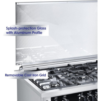 Super General Freestanding Gas-Cooker 5-Burner Full-Safety, Steel Cooker, Gas Oven With Thermostat, Rotisserie, Automatic Ignition, Silver, SGC-916-FSBGOF, 1 Year Warranty