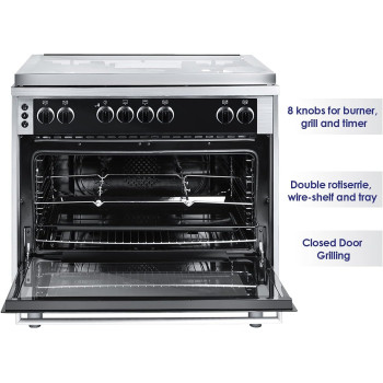 Super General Freestanding Gas-Cooker 5-Burner Full-Safety, Steel Cooker, Gas Oven With Thermostat, Rotisserie, Automatic Ignition, Silver, SGC-916-FSBGOF, 1 Year Warranty