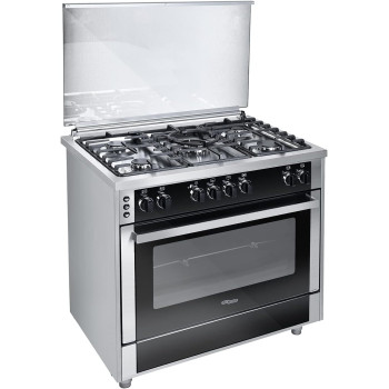 Super General Freestanding Gas-Cooker 5-Burner Full-Safety, Steel Cooker, Gas Oven With Thermostat, Rotisserie, Automatic Ignition, Silver, SGC-916-FSBGOF, 1 Year Warranty