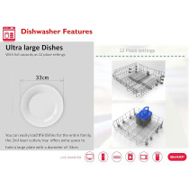 Sharp 12 Place Settings 6 Programs Free Standing Dishwasher, Steel, Silver, QW-MB612-SS3, 1 Year Warranty