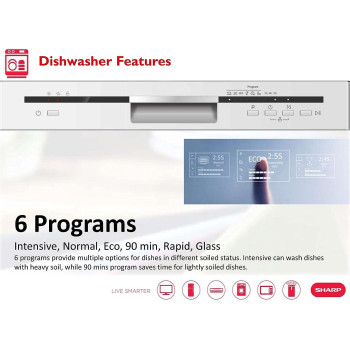 Sharp 6 Programs 12 Place Settings, Free Standing Dishwasher, White, QW-MB612-WH3, 1 Year Warranty