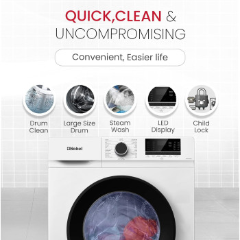 Nobel 6 Kg Front Fully Load Automatic Washer, Knob And Button Control, Led Display, 15 No Of Programs, Universal Motor, Stainless Steel Drum Type, Over Flow Safety, White, NWM760RH, 1 Year Warranty
