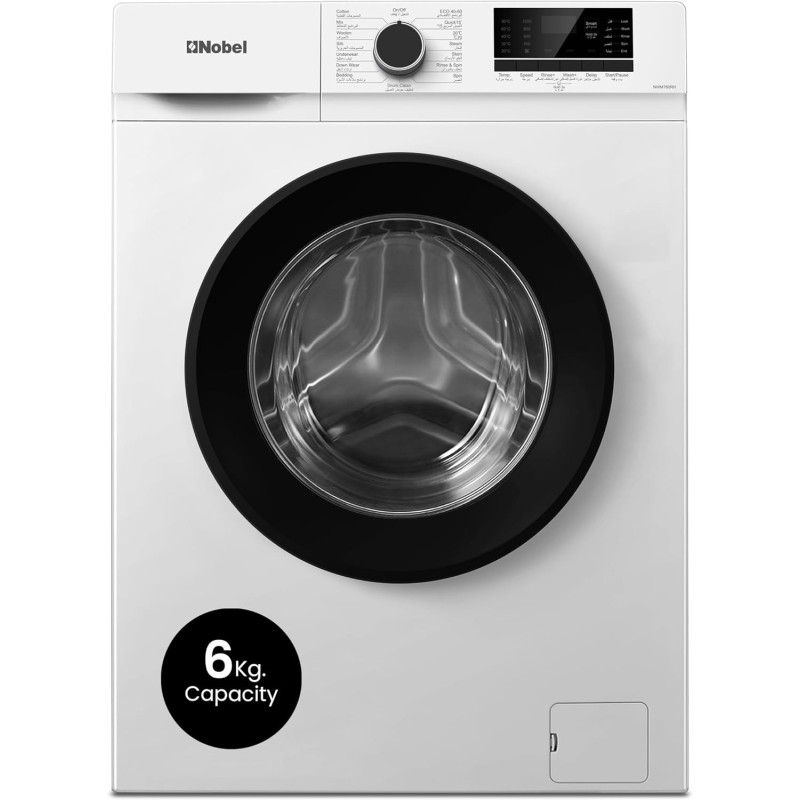 Nobel 6 Kg Front Fully Load Automatic Washer, Knob And Button Control, Led Display, 15 No Of Programs, Universal Motor, Stainless Steel Drum Type, Over Flow Safety, White, NWM760RH, 1 Year Warranty