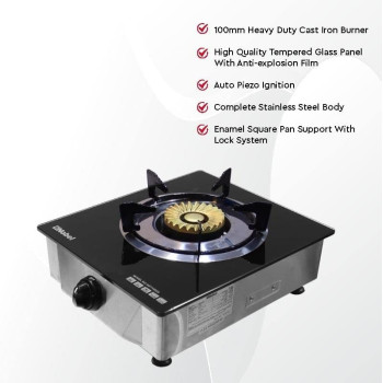 Nobel Single Stove Gas Burner Glass Top Heavy Cast Iron, Black, NGT1002G, 1 Year Warranty