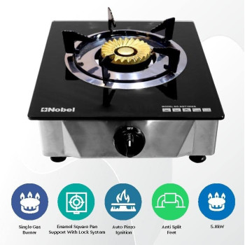 Nobel Single Stove Gas Burner Glass Top Heavy Cast Iron, Black, NGT1002G, 1 Year Warranty