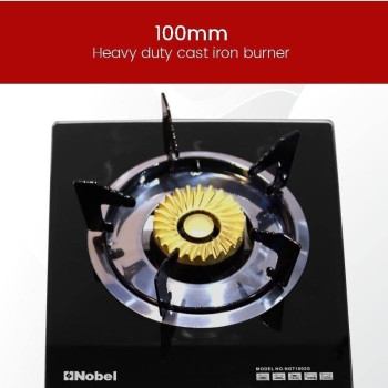 Nobel Single Stove Gas Burner Glass Top Heavy Cast Iron, Black, NGT1002G, 1 Year Warranty