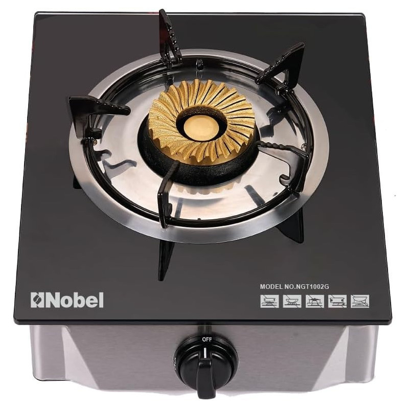 Nobel Single Stove Gas Burner Glass Top Heavy Cast Iron, Black, NGT1002G, 1 Year Warranty