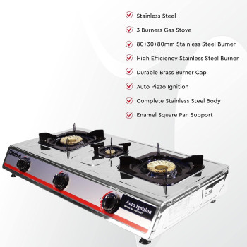 Nobel Gas Stove Stainless Steel Brass Glass Top Auto Ignition Tripple Burner, Silver, NGT3001, 1 Year Warranty