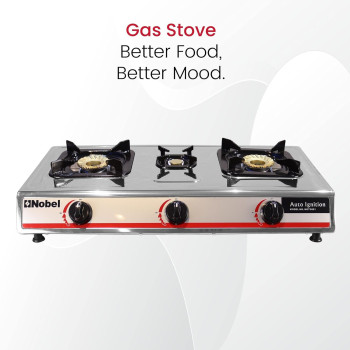 Nobel Gas Stove Stainless Steel Brass Glass Top Auto Ignition Tripple Burner, Silver, NGT3001, 1 Year Warranty