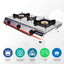 Nobel Gas Stove Stainless Steel Brass Glass Top Auto Ignition Tripple Burner, Silver, NGT3001, 1 Year Warranty