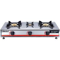 Nobel Gas Stove Stainless Steel Brass Glass Top Auto Ignition Tripple Burner, Silver, NGT3001, 1 Year Warranty