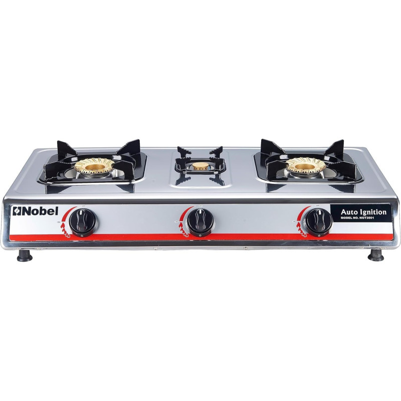 Nobel Gas Stove Stainless Steel Brass Glass Top Auto Ignition Tripple Burner, Silver, NGT3001, 1 Year Warranty